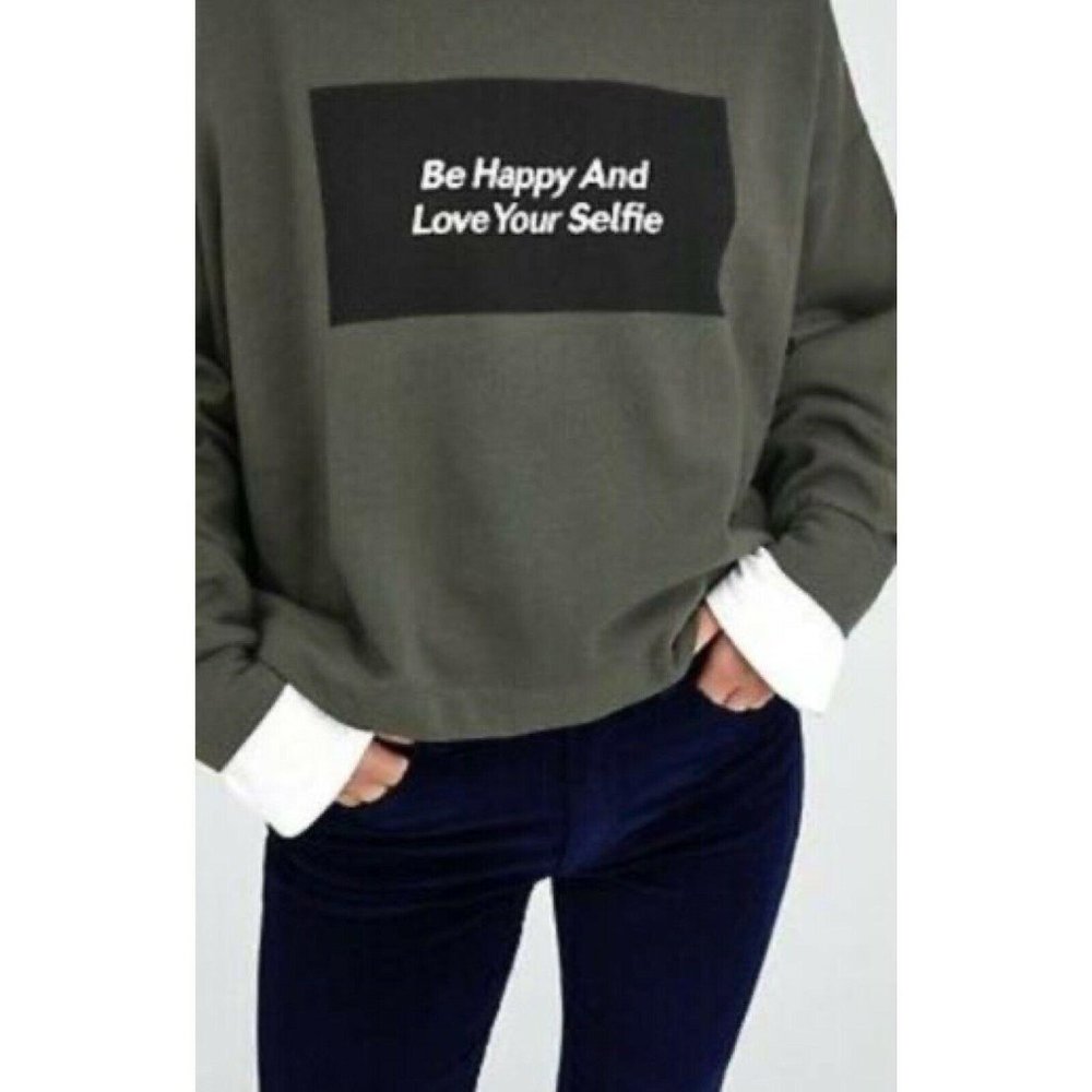 Zara‎ Trafaluc Womens Cropped Sweatshirt Size Small Green Be Happy And Love